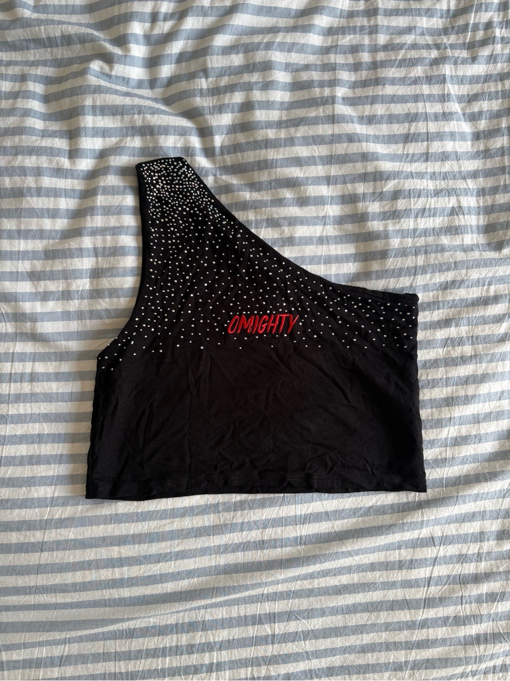 O-Mighty Black Rhinestone One Shoulder Crop Top
